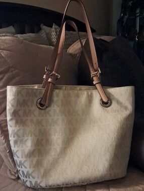 Michael Kors Cream Logo Tote with Brown Leather Straps